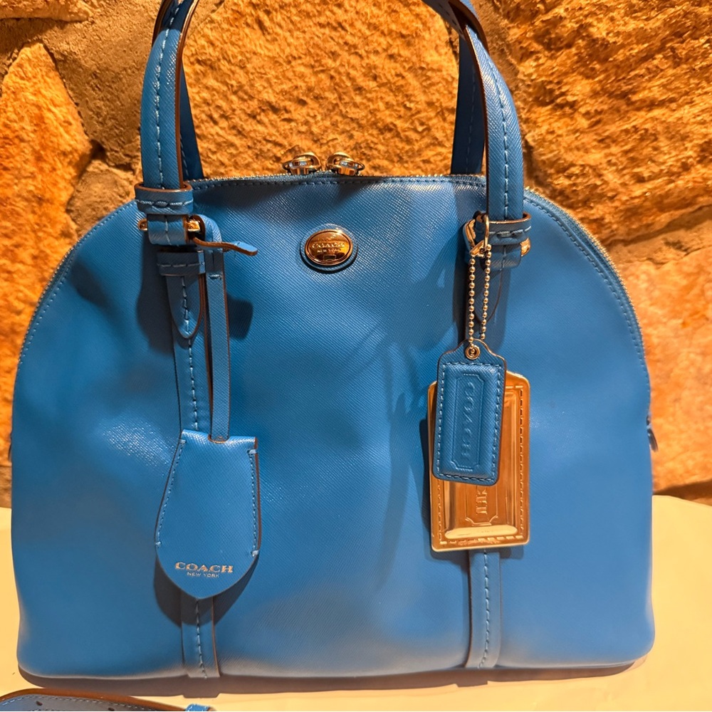 Coach Peyton Leather Cora Domed Satchel in blue saffiano leather - Picture 10 of 17